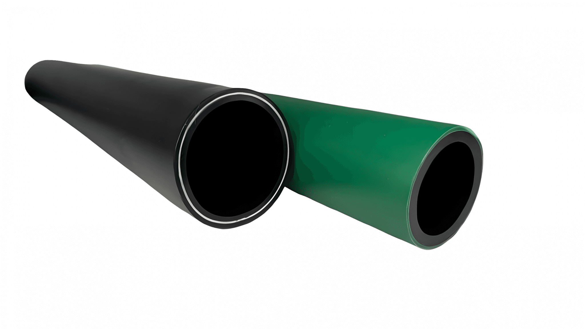 Links ein schwarzes Verbundrohr, verbunden mit Metal, rechts ein Mehrschichtrohr in grün.