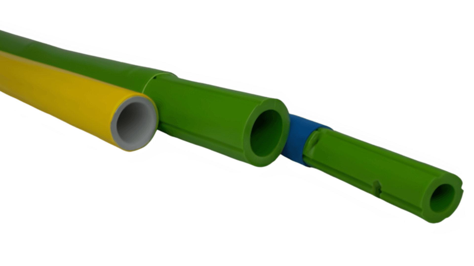 Drei Sonderschläuche, einer gelb aus zwei Schichten, der anderen grün grün aus drei Schichten, einer Blau grün aus zwei Schichten zur Verwendung als Injektionsschläuche zur Abdichtung von Betongewerken