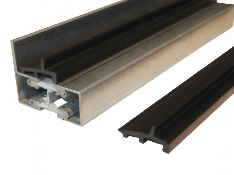 Coextrudiertes Wasserrinnenprofil in schwarz bestehen aus festem ASA und weichem TPE als Dichtlippe. Das Kunststoffprofil wird im Fassaden- und Fensterbau verwendet